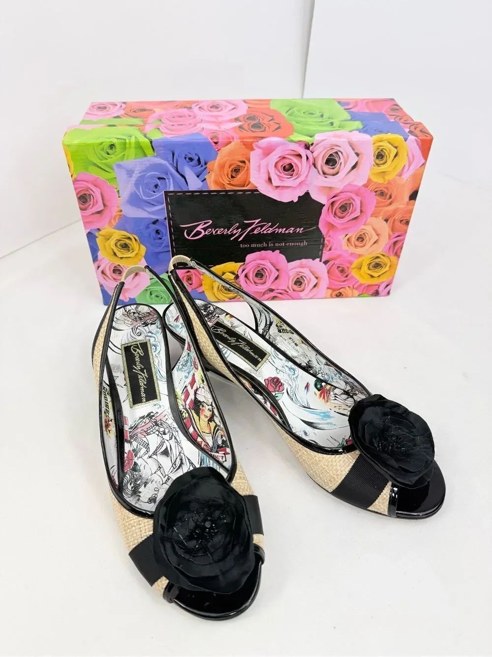 Beverly Feldman KISS N TELL Mismatched Size Black Patent Natural Raffia Wedge